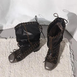 KYLETHOMASW  -  Vintage Pleated Mid-Calf Boots Cross-tied Square Toe Mid Heels Luxury Leather Fashion Novelty Sexy Concise Autumn Women Shoes