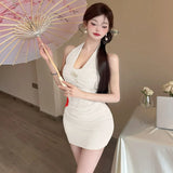 KYLETHOMASW  -  Sexy Halter Patchwork Lace Mini Dress Women 2025 Summer Sleeveless High Waist Folds Slim Fit Hip Evening Party Dresses