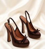 KYLETHOMASW  -  Dusty Pink Satin Round-Toe Platform Pumps Ruched Vamp Mini Bow Accent Chunky Heel Retro Style High-Fashion Daily Looks