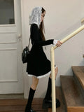 Kylethomasw Elegant Black Mini Dress for Women Lace Hooded Vintage Long Sleeve A-line Dress French Style Fashion Spring Autumn Dress