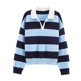 KYLETHOMASW  -  Hot Selling New Striped Knit Polo Shirt Spring V Neck Pullover Top Elegant Casual Style Daily Fashion Knitwear For Women