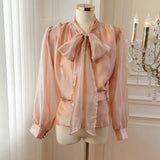 KYLETHOMASW  -  Korean Style  Knot Belted Long Sleeve Shirt Women's Spring New High Quality Elegant Fashionable Straight Cut Top