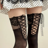 KYLETHOMASW  -  New Arrival Lace Jacquard Women Over Knee Socks Vintage French Elegant Cross Tie Thigh High Socks Lolita Dating Daily Stockings