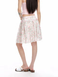 KYLETHOMASW  -  Sweet Pink Floral Print Chiffon Mini Skirt | High Waist Ribbon Tie Ruffle A-Line Skirt | Y2K Kawaii Summer Skirt for Women Lady