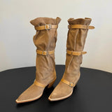 KYLETHOMASW  -  Women's Slouchy Knee High Boots Pointed Toe Buckle Straps Western Cowboy Style Chunky Heel Fashion Ruched Autumn/Winter Footwear