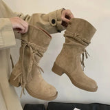 KYLETHOMASW  -  Brown Suede Boots Woman Round Toe Fall Winter Gothic Shoes Fashion Chunky Heels Knee High Boots Western Style Ladies Shoes