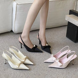 KYLETHOMASW  -  High Quality Satin Bow Pumps Women Sexy Pointed Toe Thin Heeled Backless Dress Shoes Fashion Brand Designer Shallow Mouth Sandal