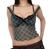 KYLETHOMASW  -  Ins Pure Desire Style Sexy Mesh Print Perspective Lace Lace T-shirt Spicy Girl Looks Thin Fake Two piece Mesh Short Top