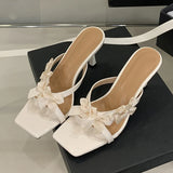 KYLETHOMASW  -  Designer Yellow Silk Flowers Narrow Band Square Toe Mules Low Thin Heels Slippers Women Gladiator Sandals Summer Shoes