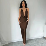 KYLETHOMASW  -  Women's Satin Red Halter Maxi Dress Deep V Neck Backless Bodycon Party Evening Gown