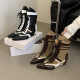 KYLETHOMASW  -  Black And White Boots Women Pointed Toe Lace Up Sports Style Wedges Shoe Fall Mid-calf Boots Comfort High Heels New Arrivals