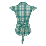 KYLETHOMASW  -  Fashion Y2k Lace Spliced Plaid Prints Women Shirts Shorts Sleeves Retro Chic Design Summer Polo Blouses