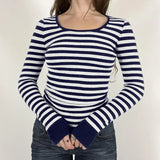 KYLETHOMASW  -  Fashion striped contrasting round neck basic long sleeved spicy girl slim fit versatile slimming casual short top