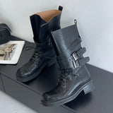 KYLETHOMASW  -  Retro Round Toe Lace-up Mid-calf Boots Women Fashion Belt Buckle Thick Bottom Platform Boots Comfort Non-slip Outdoor Biker Boot
