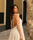 KYLETHOMASW  -  Holiday Dress Women French Lazy Backless Suspender Dress Elegant Khaki Pleated Halter Midi Loose Summer Dress Women