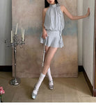 KYLETHOMASW  -  Summer Neck Hanging Dress Women's Sleeveless Mini Skirt Striped Blue Dress French Sexy Design High Quality Polyester Fiber