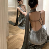 Kylethomasw  V-neck Sexy Backless Slim Fishtail Dress Women 2024 Spring New Korean Fashion Elegant Floor-length Party Dress with Scarf