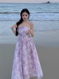 KYLETHOMASW  -  Women Summer Floral Print Sexy Off Shoulder Backless Elegant Party Dresses High Waist Lace-up Sleeveless Slim Beach Maxi Dress