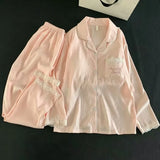 KYLETHOMASW  -  Sweet Women Autumn 2Pcs Sleepwear Built‑in Chest Pad Embroidery Lace Trim Soft Long Sleeve Long Pants Ladies Home Loungewear