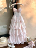 KYLETHOMASW  -  French Sweet Kawaii Pink Polka Dot Lace Bow Tiered Cami Maxi Dress For Women Girls High Waist Princess Vacation Party Daily Wear