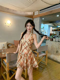 KYLETHOMASW  -  Sexy Halter Neck Lace Dress Women's Summer French Slim Fit Plaid A-line Short Dress Fashion Female Clothes