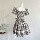 KYLETHOMASW  -  Pure Cotton Plaid Preppy Dress Women British Retro Lace Bandage Bow Kawaii Mini Dress Vintage Chic Square Collar Ball Gown Dress