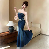 KYLETHOMASW  -  Women Clothes Y2K Casual Outfit Sexy Chest Wrapped Short Tops Shirt Blouse High Waist Fishtail Long Skirt Mujer 2 Pieces Set New