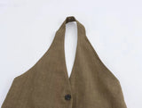 KYLETHOMASW  -  Color Single Breasted Vest Minimalist Casual Pants Retro Linen Texture Coffee Two Pieces Set Women Straight Leg