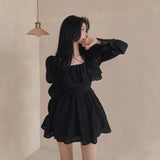 KYLETHOMASW  -  Women Dresses Puff Sleeve Solid Ruffles Square Neck Spring Autumn Vestidos Mujer Korean Fashion A-line Mini Dress