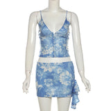 KYLETHOMASW  -  Beach Style Set Women's Autumn Printed Sequin Halter Neck Vest Hip Wrap Slim Fit Short Skirt Fashion Two-piece Set