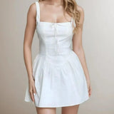 KYLETHOMASW  -  Sexy Bow Square Collar Corset style Mini Sling Dress Women Deep Backless Party Skater Low Waist Ruched A-line Sling Robe
