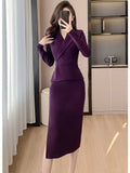 KIylethomasw Elegant Black Purple Pencil Blazer Dress France Notched Collar Long Sleeve Ruffles Slim Waist Office Formal Split Midi Vestidos