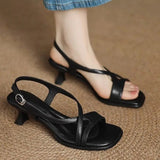 KYLETHOMASW  -  Women's Sandals Fashion Elegant Square Toes Cross Strap Low Heel Sandals Buckle Soft-soled Sandals Women Dress High Heel Shoes 5