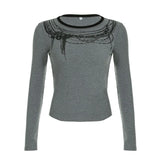 KYLETHOMASW  -  Fashionable dark chain print contrasting round neck long sleeved simple grey slim fit slimming front shoulder top