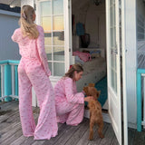 KYLETHOMASW  -  Bowknot Print Loungewear Comfy Soft Button Up Blouse Tops + Long Pants Women Autumn 2 Piece Set Sleepwear Cute Pajama Suit