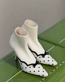 KYLETHOMASW  -  Elegant Pink Knit Sock Ankle Boots Black Polka Dot Print Mini Bow Decor Thin Stiletto Heel Boots Retro Sweet Style Fashion Shoes
