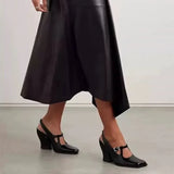 KYLETHOMASW  -  Fashion Black Patent Leather Mary Janes Slingbacks Women Pumps Spring Summer Wave Toe Chunky High Heels Office Lady Daily Shoes