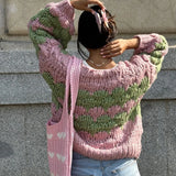 KYLETHOMASW  -  Stripe Pattern Cropped Cardigans Vintage Lantern Sleeves Knitted Sweater Aesthetic Y2k Knitwear Coat Women Autumn Outwear Street