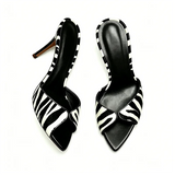 KYLETHOMASW  -  Ladies  Zebra Stripes V Cut Point Toe Backless Mules Thin Stiletto Slides Women Slip On Animal Print Sandals Designer Heels