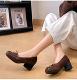 KYLETHOMASW  -  Retro Square toe folding Bowknot Soft Leather Women Pumps Ballet Style Thick High heels Casual Chunky Loafer Shoes