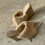 KYLETHOMASW  -  Plush Women's Autumn Slippers French Pointed Open-toed Fluffy Slippers Home Outdoors Fashion Wedge Shoes Women Heels Highquality