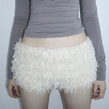 KYLETHOMASW  -  White Sweet Knitted Furry Super Mini Shorts for Women Winter Warm Low Waist Hot Pants Women Sexy Wrap Hip Slimming Leggings