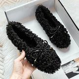 KYLETHOMASW  -   Luxury Plush Warm Flat Shoes for Women 2025 Winter Elegant Bow Design Non-slip Soft Bottom Ballet Shoes Low Heel Padded Mules