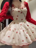 KYLETHOMASW  -  French Sweet Camisole Dress Set Floral Waist Slimming A-line Puffy Short Dress Red Cardigan Summer Two Piece Sets Women Outfits