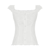 KYLETHOMASW  -  Gentle style V-neck mushroom edge bubble sleeve shirt BM foreign trade new style breasted waist tight short sleeved top