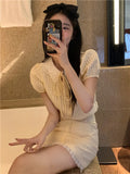 KYLETHOMASW  -  Summer Yellow Fashion 2 Piece Sets Cute Girl Short Puff Sleeve Lace Doll Collar Shirt Top&Mini Skirt 2pc Dress Suits