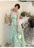 KYLETHOMASW  -  French Vintage Summer Green Elegant Sexy Evening Party Long Dress Women Sleeveless Backless Vacation Ruffles Slip Fairy Dress