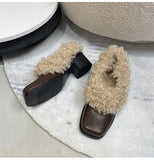 KYLETHOMASW  -  Ins style Fashion Square toe Patent Leather Wool Women Pumps Autumn Winter Warm High heels Loafers Casual Girls Chunky Shoes