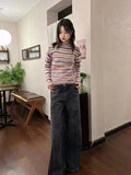 KYLETHOMASW  -  French High Collar Sweater Rainbow Stripe Pullovers Age Reduction Vintage O Neck Knitwears Korean Fashion Sueter Mujer