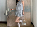KYLETHOMASW  -  Summer Neck Hanging Dress Women's Sleeveless Mini Skirt Striped Blue Dress French Sexy Design High Quality Polyester Fiber